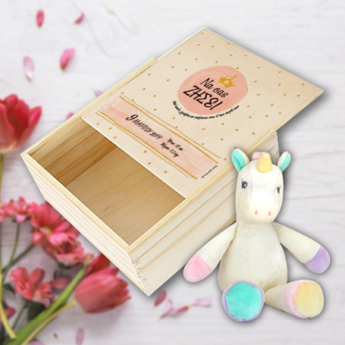 Ξύλινο Κουτί με Λούτρινο Μονόκερο, με Ευχές, Στοιχεία Μωρού