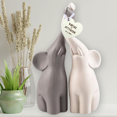 2 Ελεφαντάκια με Μήνυμα, Όνομα, σε Καρδιά ξύλινη