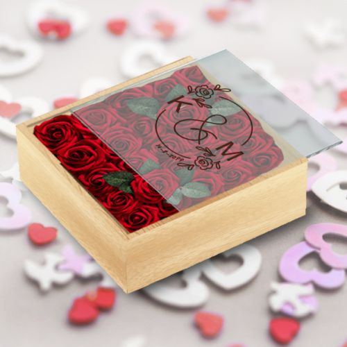 Κουτί με τεχνητά τριαντάφυλλα με καπάκι plexiglass με μήνυμα