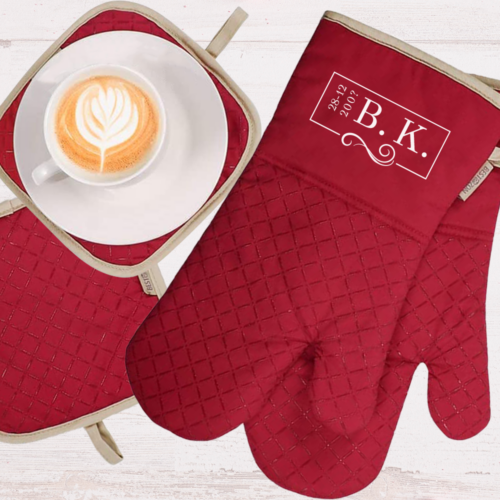 Σετ Γάντι, Πιάστρα για ζεστά σκεύη με Αρχικά, Ημ/νία