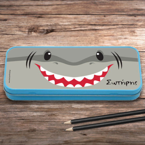 Μεταλλική Παιδική Σχολική Κασετίνα με Καρχαρία, με Όνομα για Αγόρι