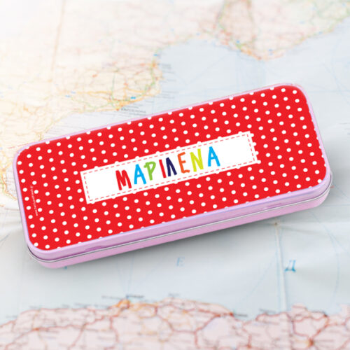 Σχολική Κασετίνα με πουά, Μεταλλική με Χρωματιστό Όνομα