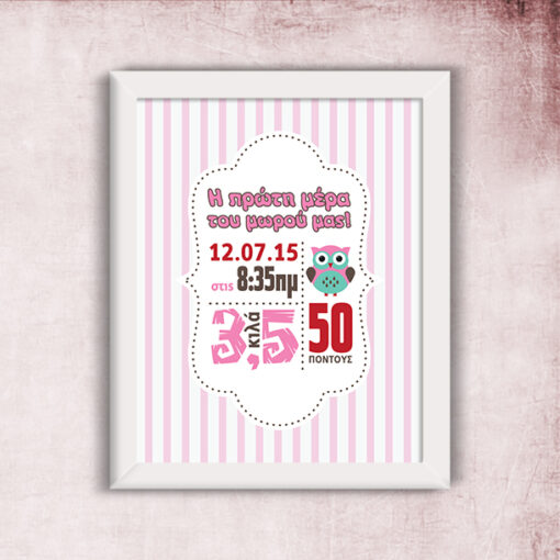 Κάδρο με Στοιχεία Γέννησης Δώρο για Νεογέννητο Κοριτσάκι