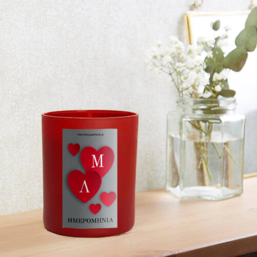 Kόκκινο Ποτήρι Κερί με καρδιές με αρχικά, ημερομηνία, μεταλλικη εκτύπωση