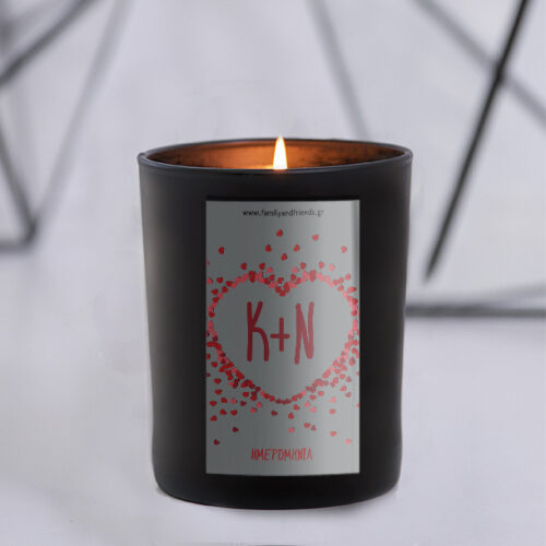 Μαύρο Ποτήρι Κερί με καρδιά με αρχικά, ημερομηνία