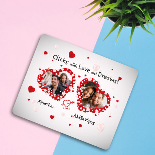 Mouse Pad με δυο φωτογραφίες σε καρδιές, Μήνυμα, Ονόματα