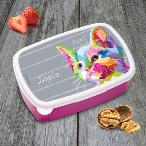 Φαγητοδοχείο παιδικό με Πολύχρωμη γάτα, για το σχολείο με όνομα