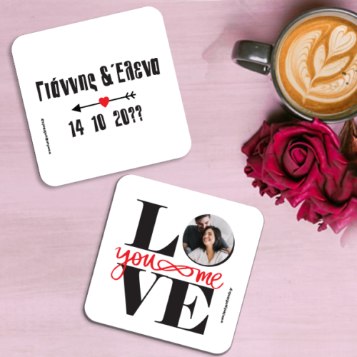 Σουβέρ 2 τεμάχια με βάση Φελλό, Love με Φωτογραφία, Μήνυμα