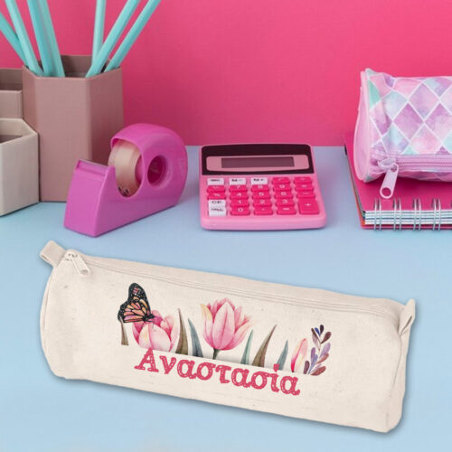 Υφασμάτινη Σχολική Κασετίνα με Λουλούδια, Όνομα